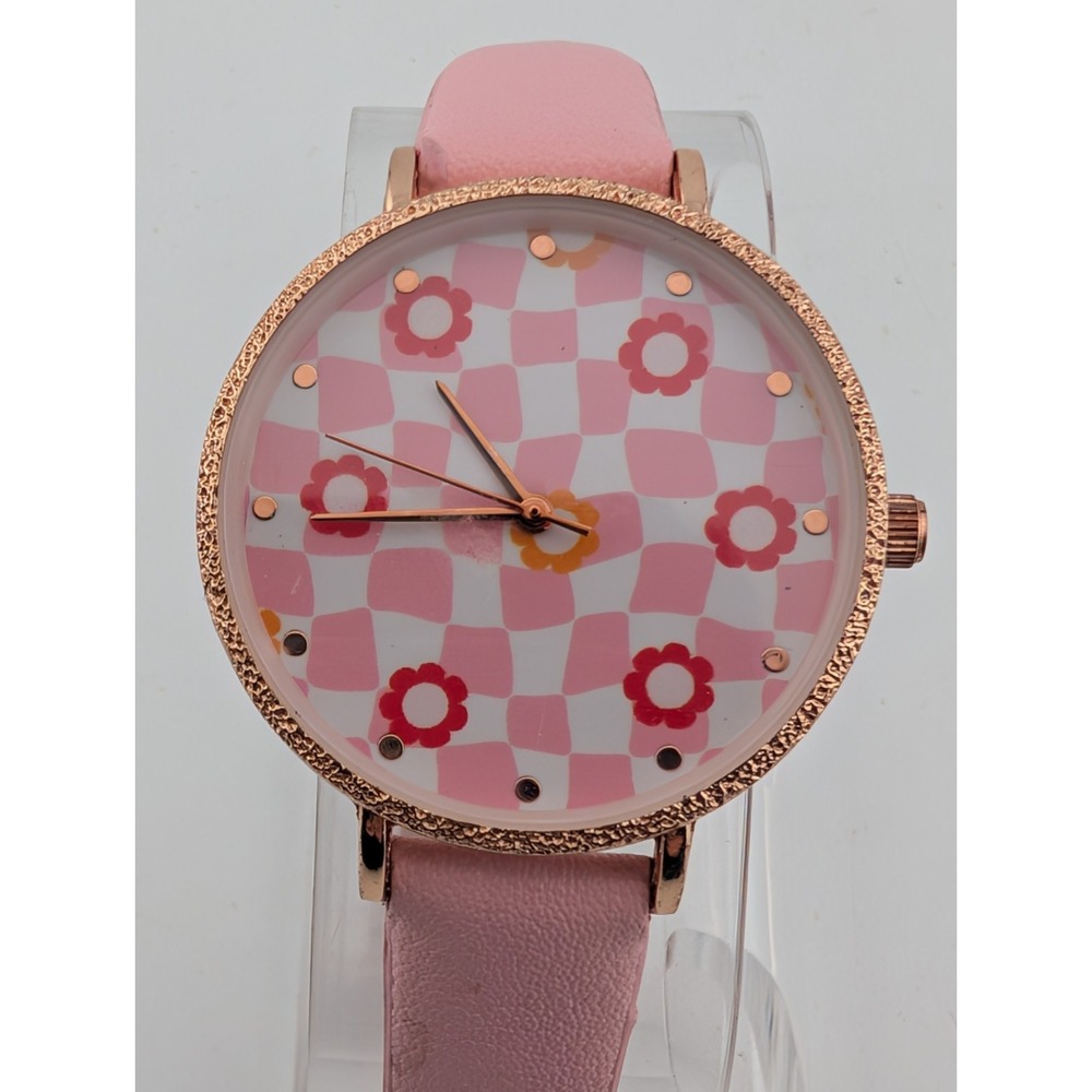 Women's Flower Dial Quartz Watch‎ Rose Gold 36mm Case Pink Band- New Battery